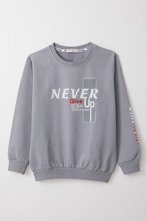 Erkek Çocuk Sweatshirt Motivasyon Temalı Gri (8-12 Yaş)