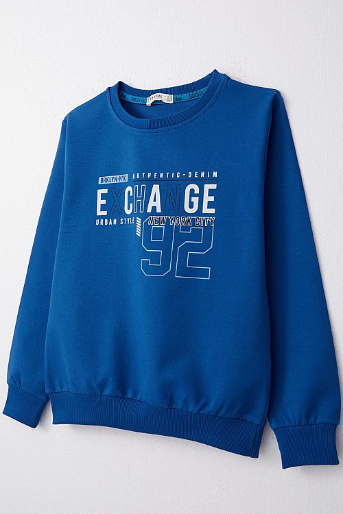 Erkek Çocuk Sweatshirt Yazı Baskılı Saks Mavisi (4-8 Yaş)