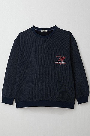 Erkek Çocuk Sweatshirt Yazı Nakışlı Lacivert Melanj (9-14 Yaş)