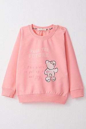 Kız Çocuk Sweatshirt Ayıcık & Yazı Baskılı Pembe (1.5-5 Yaş)