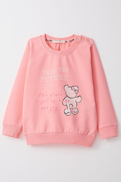 Kız Çocuk Sweatshirt Ayıcık & Yazı Baskılı Pembe (1.5-5 Yaş)