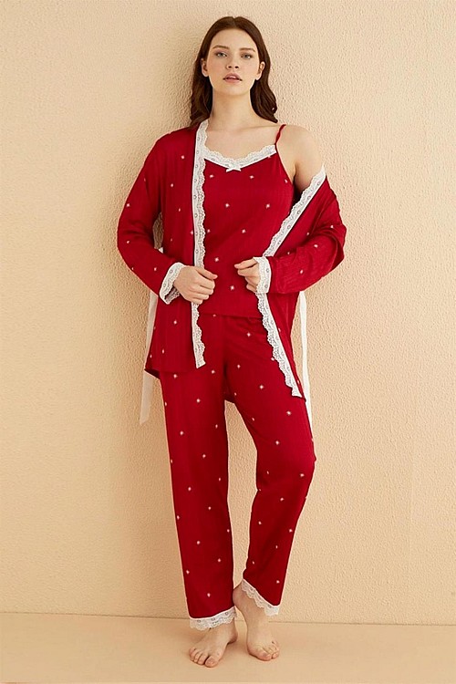 Yıldız Desenli Dantel Detaylı Sabahlıklı Kırmızı Renk Kadın Pijama Takımı