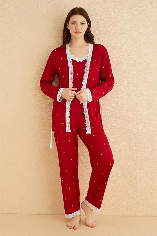 Yıldız Desenli Dantel Detaylı Sabahlıklı Kırmızı Renk Kadın Pijama Takımı