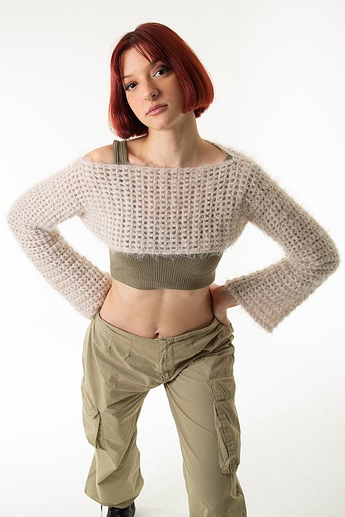 Bej El Örgüsü Crop Top