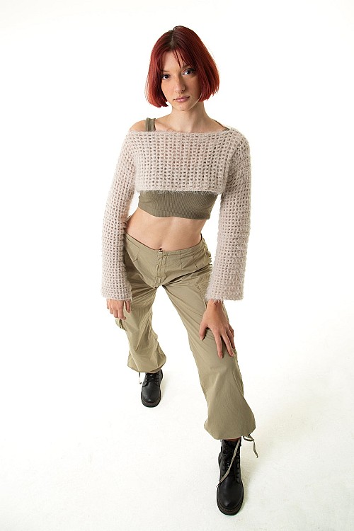 Bej El Örgüsü Crop Top