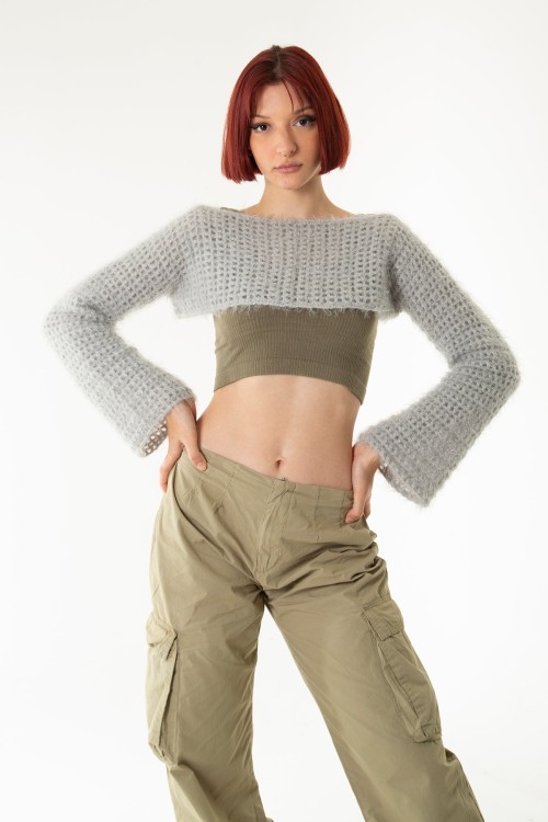 Gri El Örgüsü Crop Top