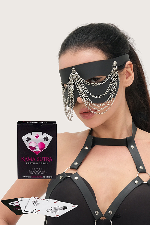 Sexi Görselli Oyun Kartı Kama Sutra Zincirli Deri Maske ikili Set BK1074