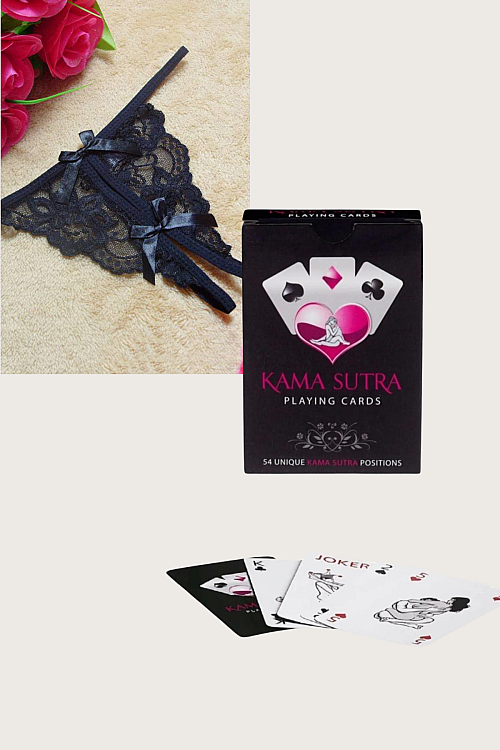 Sexi Görselli Oyun Kartı Kama Sutra Siyah Ortası Açık Dantel Tanga Külot İkili Setmodel BK1014